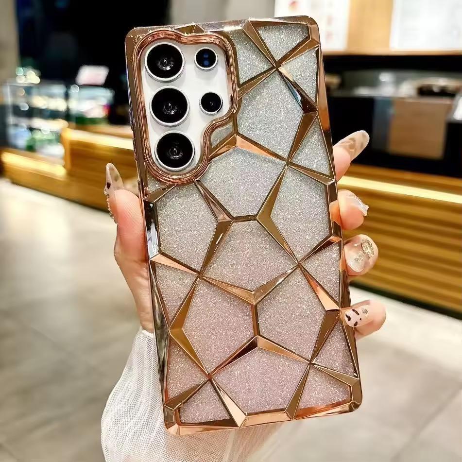 Geometric Soft Glossy Transparent Case With Solid Glitter Paper For Samsung