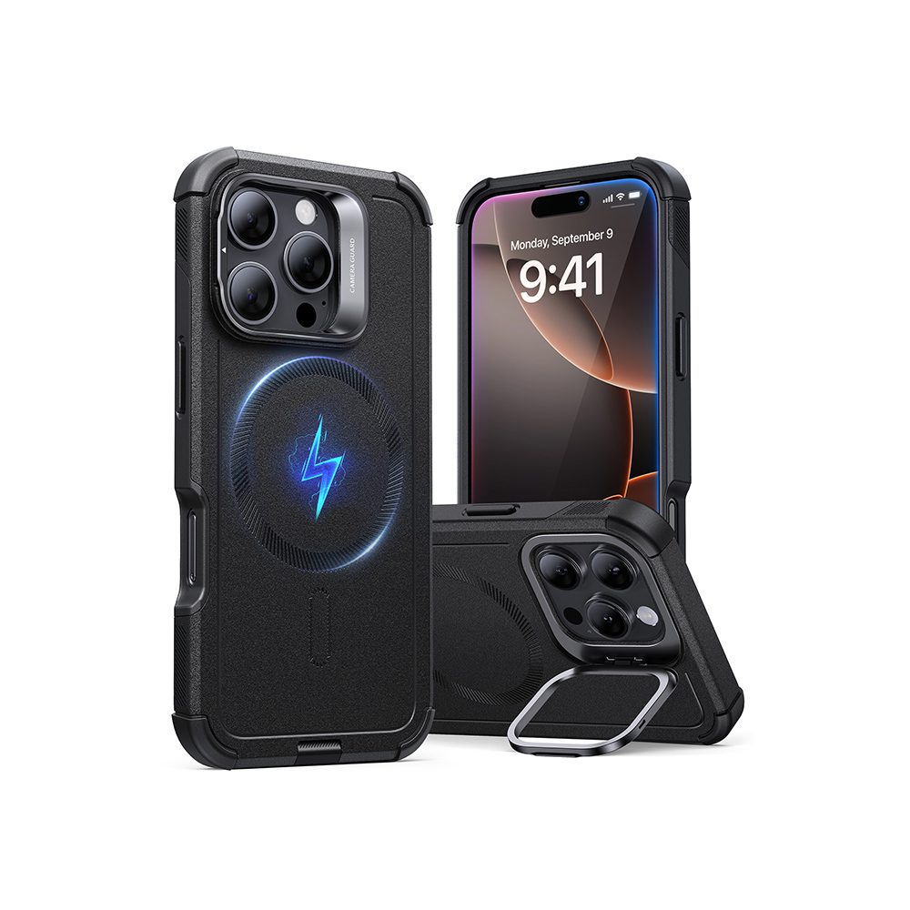 iPhone 16 Pro Max ESR Cyber Tough Case with Stash Stand Privacy Protection Bundle - Black