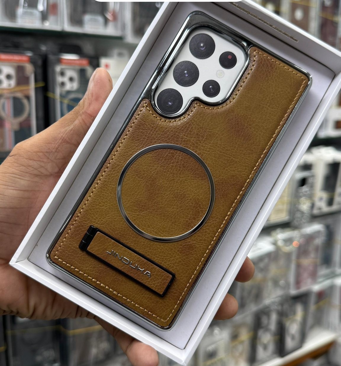 Jinduka Premium PU Leather Magsafe Supported Kickstand Hard Case For Samsung