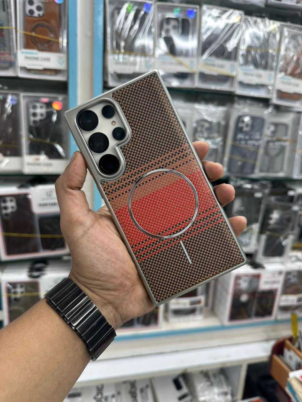 Luxury Business Later Fiber Striped Electroplated Silver Magnetic Case for Samsung